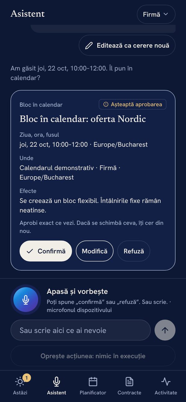 Propunerea pregătită, cu butoanele Confirmă, Modifică și Refuză