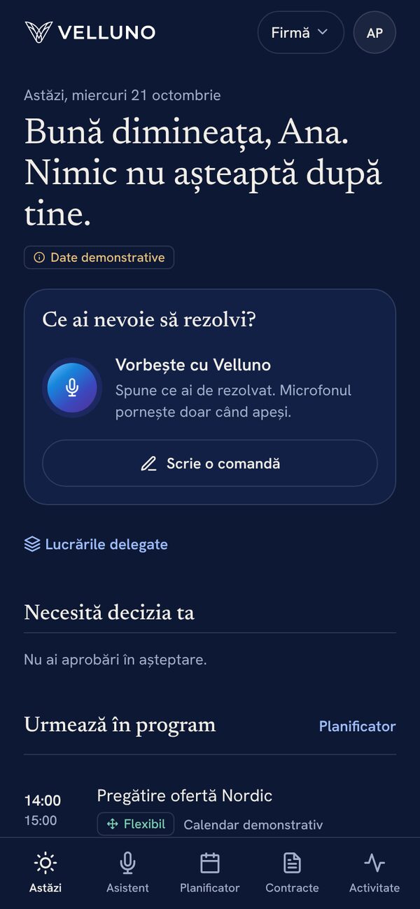 Ecranul Astăzi din Velluno: salutul, intrarea vocală, ce așteaptă aprobarea ta și programul zilei